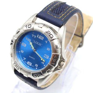 Vintage Logic Watch Mens Silver Tone Stainless Steel Classic Blue Dial Quartz